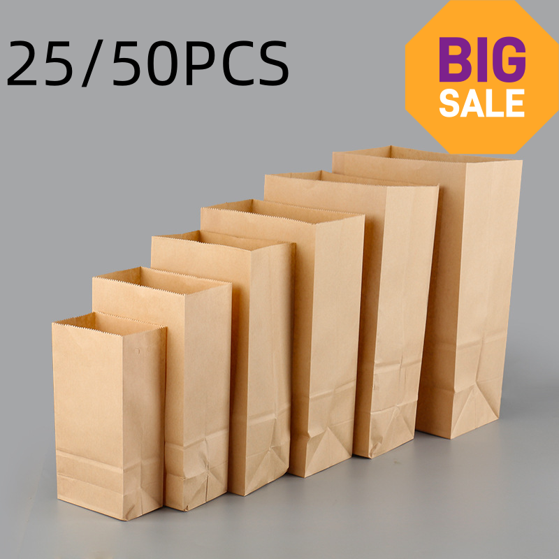 25/50pcs Brown Kraft Paper Bag - Food Or Snacks ulasan dan harga