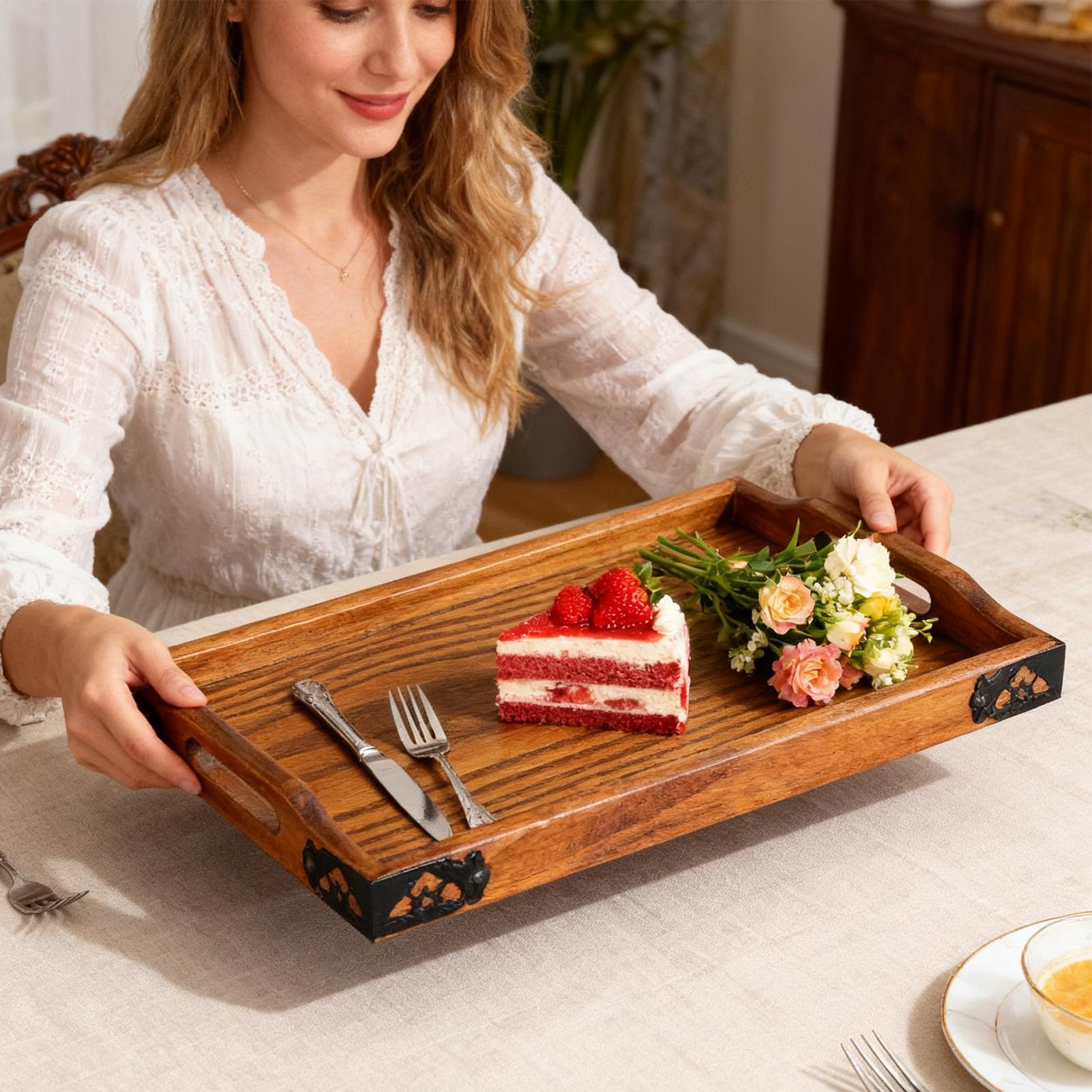 Wooden Serving Tray with Handl - Food Platter Snacks ulasan dan harga
